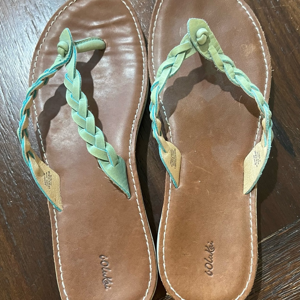 OluKai Braided Green and Tan Leather Flip Flop Sandals